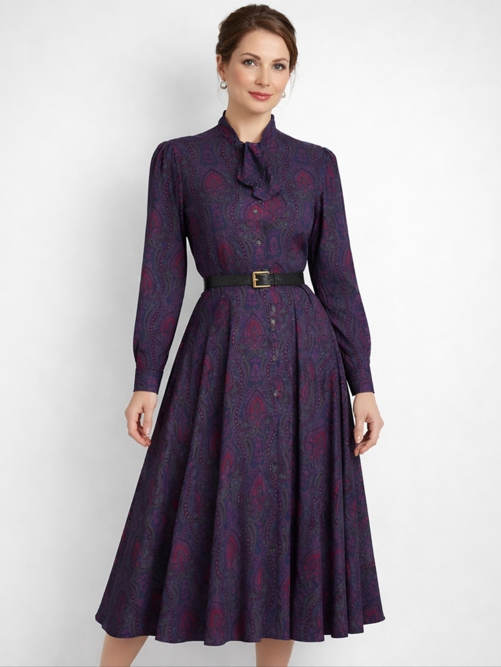 Vintage CHARTER CLUB Size 14 Bishop Sleeve Button Front Paisley A-Line Dress